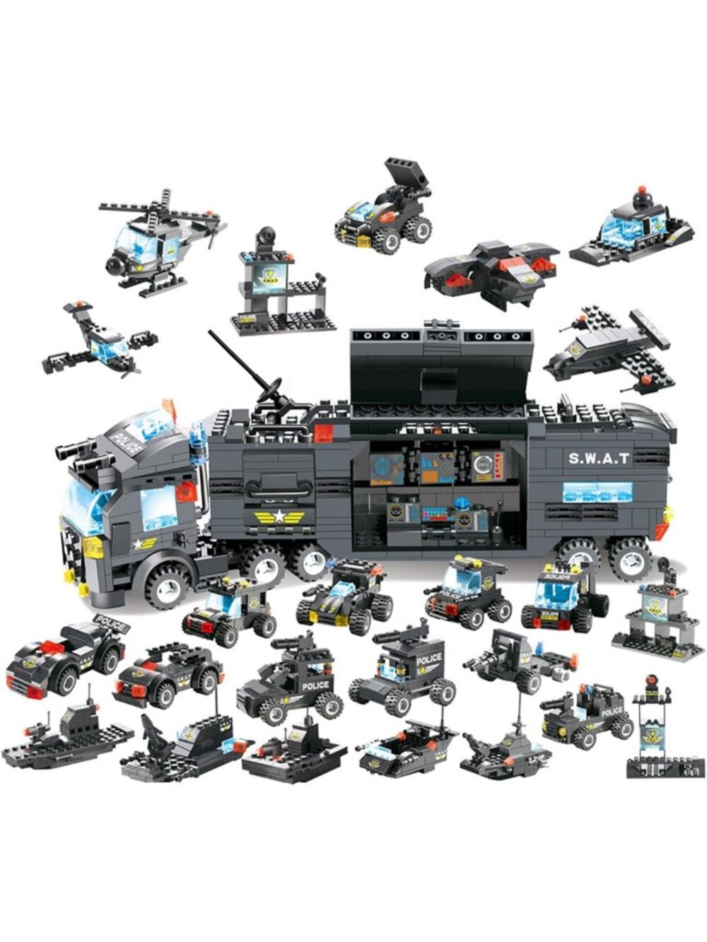 8-in-1 Police Station Building Kit with SWAT Truck, Helicopter & Patrol Boat